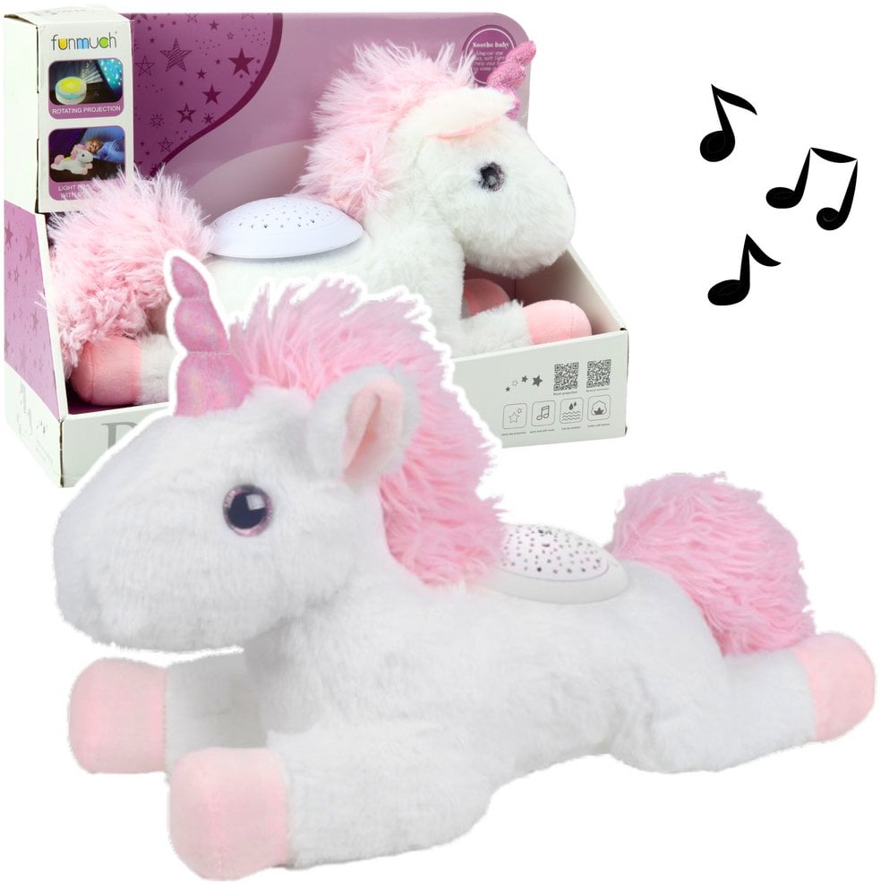 Pluszowy Jednorożec Usypiająca Przytulanka Projektor Dźwięk Biały