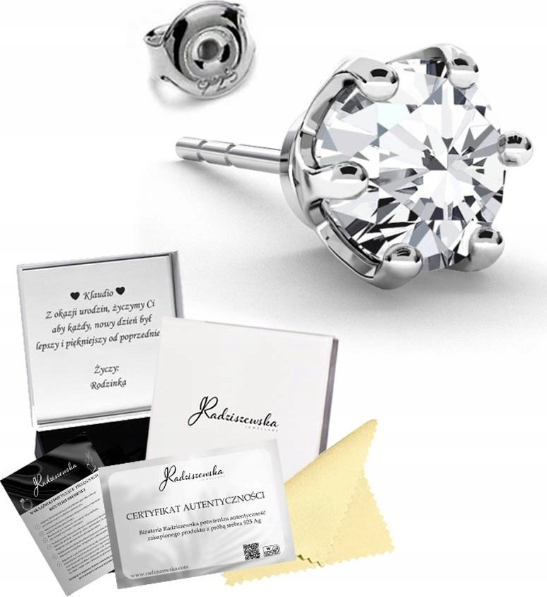 Radziszewska Jewellery Kolczyk Srebrny Męski Cyrkonia Biała 925 Prezent Biżuteria DEDYKACJA GRATIS