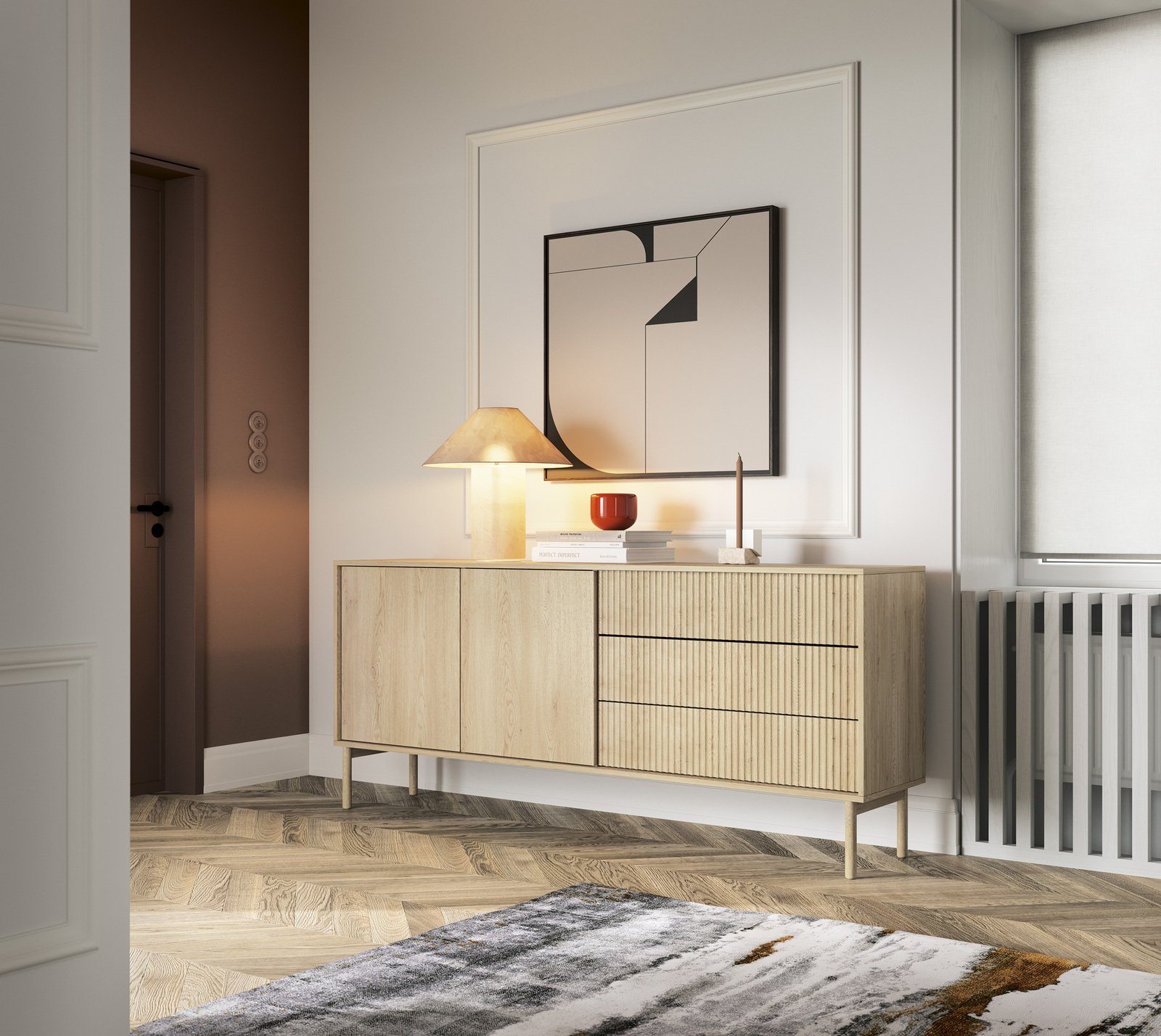 Ravio Komoda TAVO dąb kremowy 187 cm 3 szuflady frezowana push to open