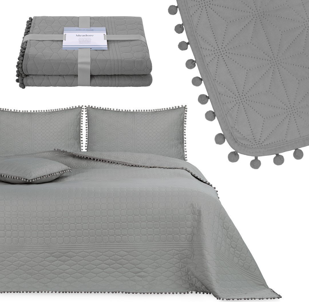 AmeliaHome AmeliaHome Narzuta pikowana z pomponami MEADORE 240x260 grafitowa