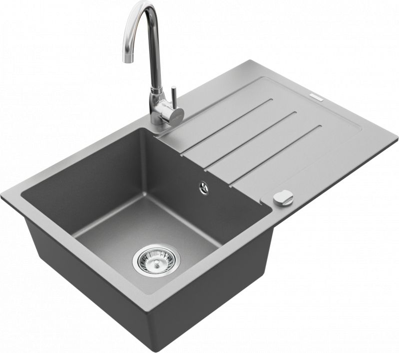 Zlewozmywak Mexen Mexen Bruno zlewozmywak granitowy 1-komorowy z ociekaczem i baterią kuchenną Telma, szary - 6513-71-670200-00