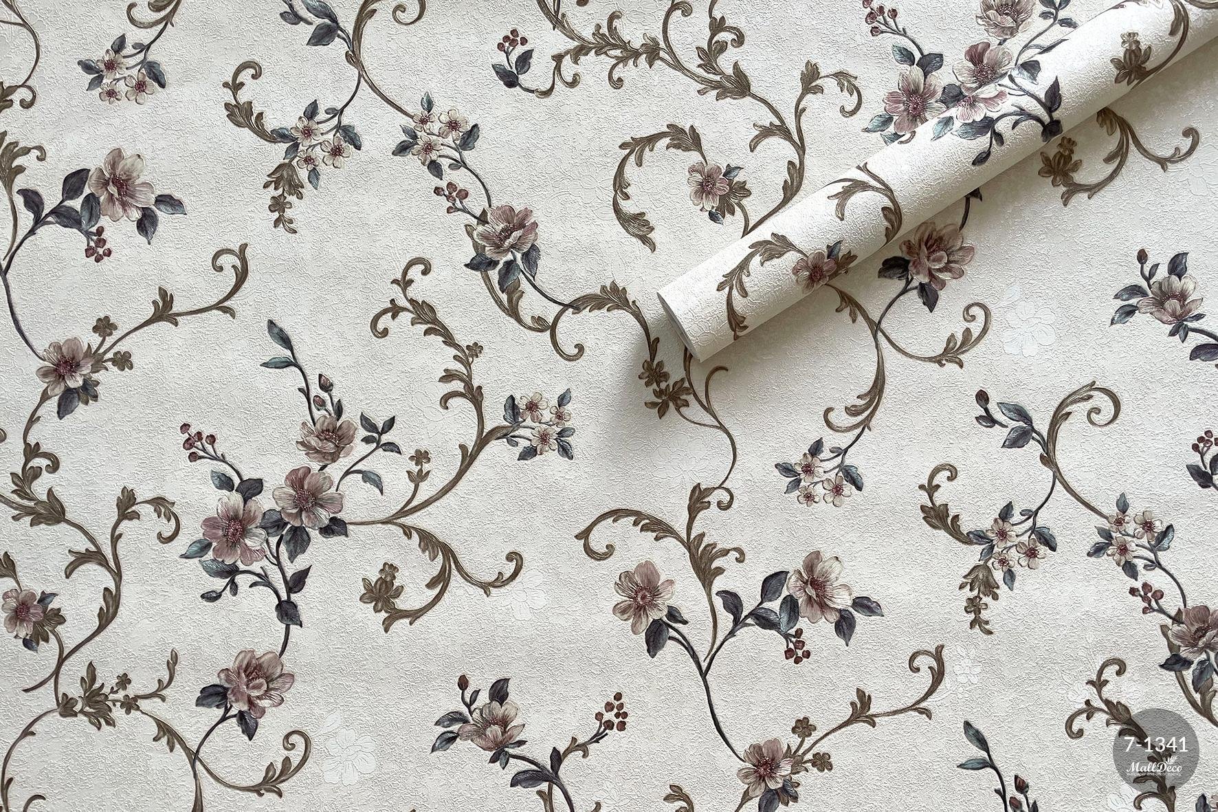 MallDeco TAPETA WINYLOWA KIARA DECOR PIASKOWO-LILIOWO-BRĄZOWA