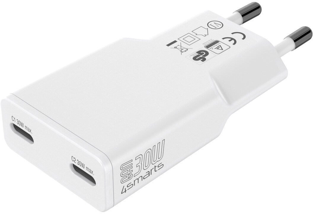 Ładowarka sieciowa 4smarts FlatPlug Slim Dual 30W GaN 2xUSB-C biały