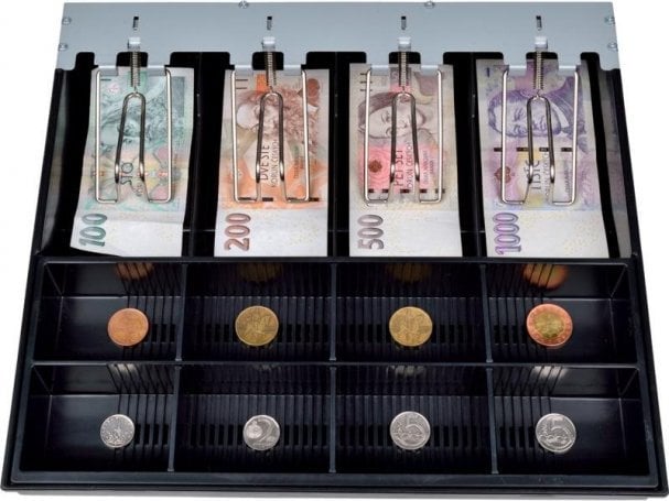 Virtuos Virtuos pokladní zásuvka C430D - s kabelem, kovové držáky, nerez panel, 9-24V, černá