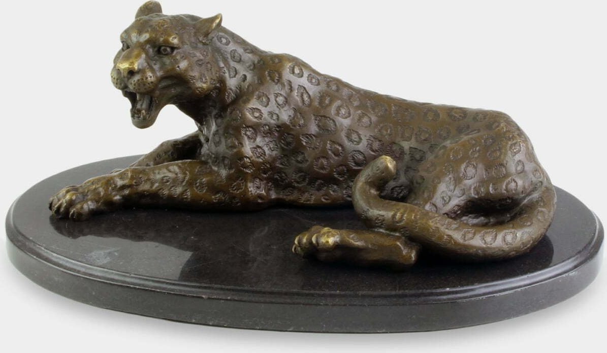 rzezbyzbrazu Leżący Leopard Rzeźba z Brązu na Marmurowej Podstawie