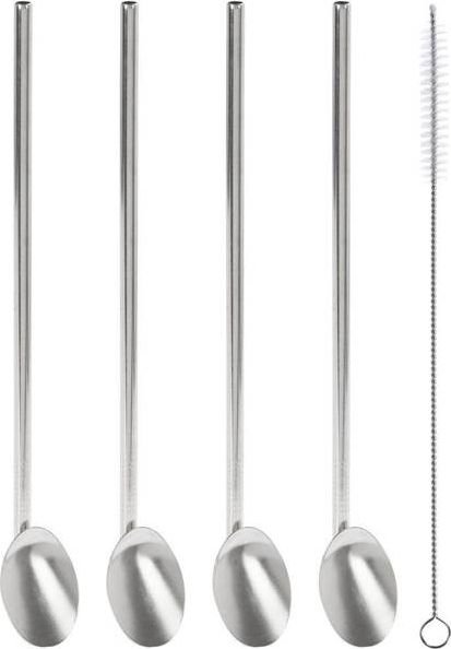 Excellent Houseware Słomki stalowe do napojów łyżeczki deserowe do picia kawy latte mrożonej drinków 2w1 + czyścik 4 sztuki zestaw komplet słomek łyże