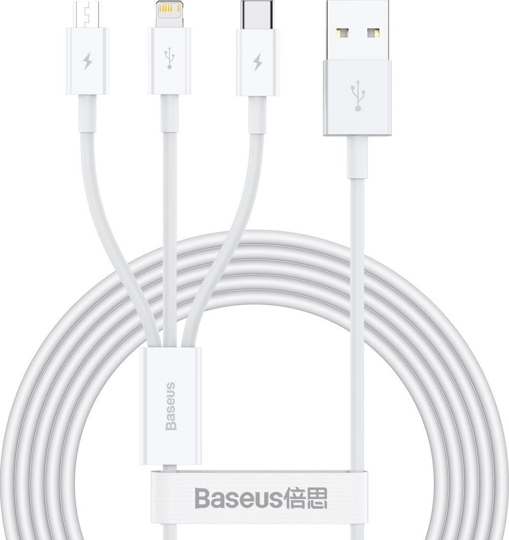 Kabel USB Baseus USB-A - USB-C + microUSB + Lightning 1.5 m Biały (CAMLTYS-02)