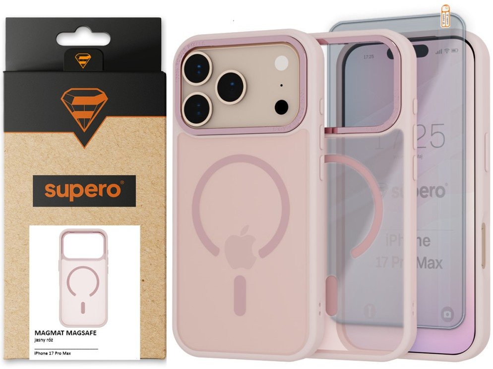 Etui matowe Supero Magmat MagSafe do iPhone 17 Pro Max, pudrowy róż + szkło