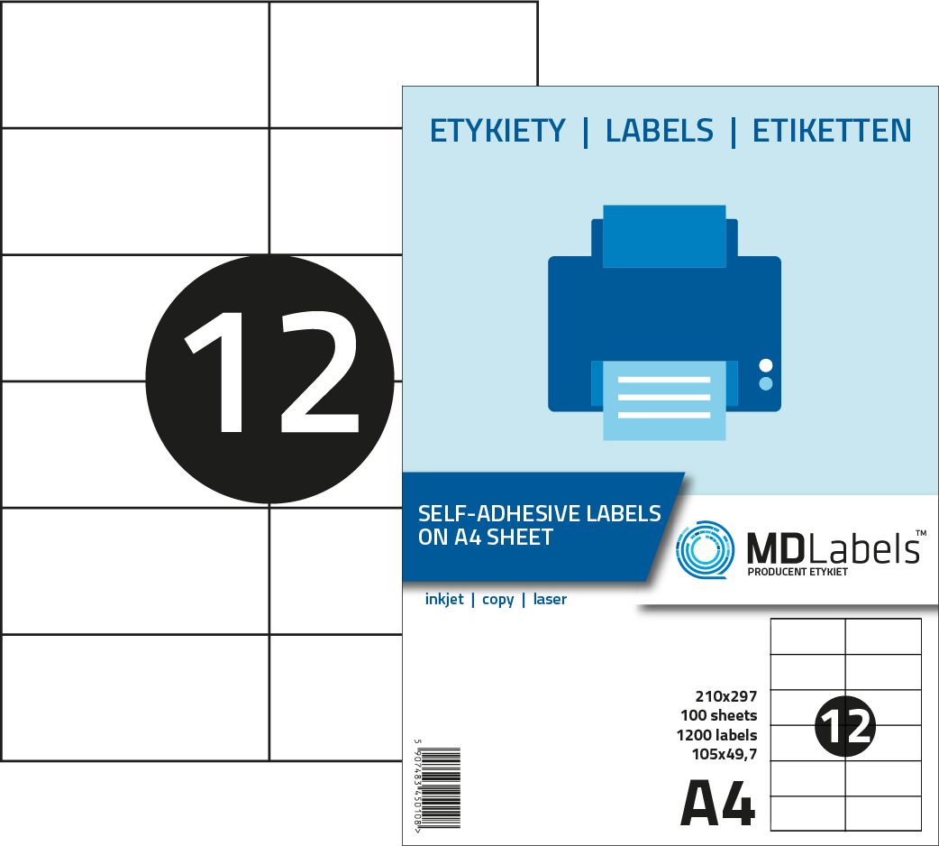 MD Labels Etykiety naklejki samoprzylepne 105x49,7mm na arkuszu A4 100 ark