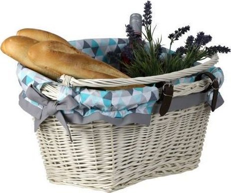 WickerPL WIKLINOWY WYBIELANY KOSZ NA ROWER KOSZ ROWEROWY Z PASKAMI SKÓRZANYMI I OBSZYCIEM 46X34 H23/28 CM