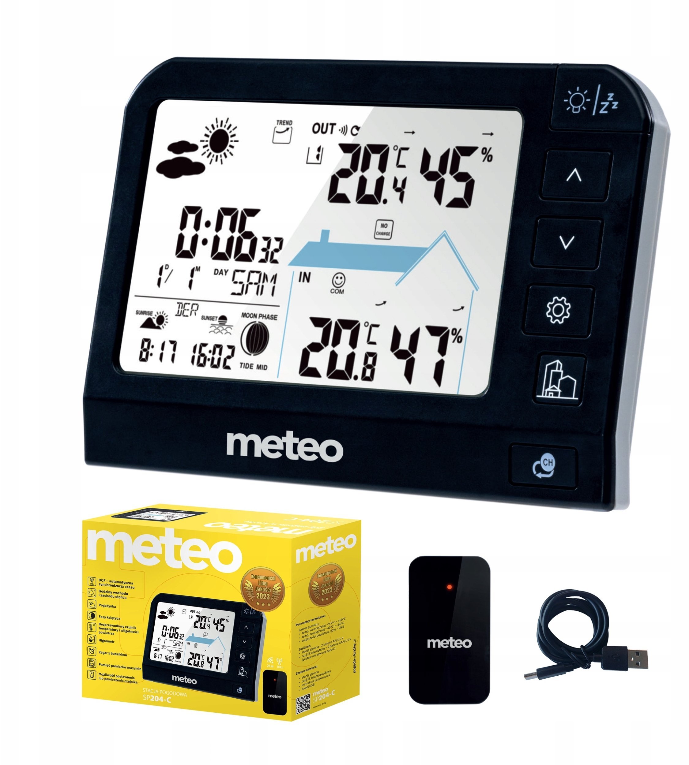 STACJA POGODOWA METEO SP204 POGODYNKA HIGROMETR CZUJNIK ZEWNĘTRZNY DCF
