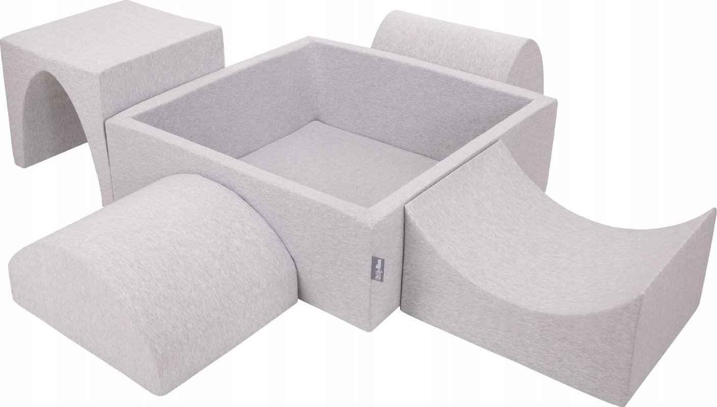 KiddyMoon Piankowy plac zabaw PPZP-KW30D-135 z piłeczkami jasnoszary: biały-szary-pudrowy róż basen 300/górka/tunel/rampa L/półwałek L Zabawka plac za