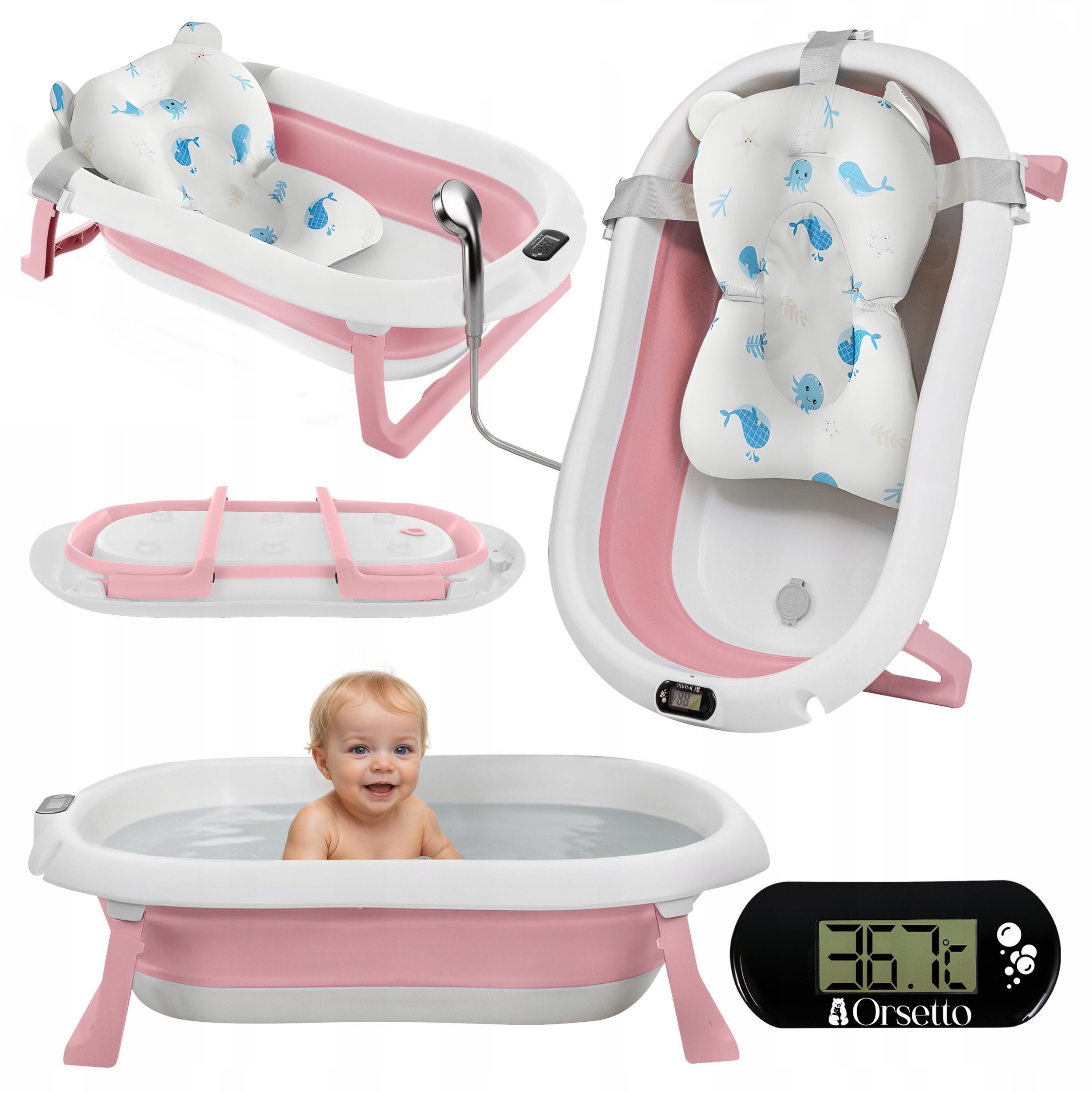 DWM WANIENKA DZIECIĘCA Z TERMOMETREM ORSETTO RÓŻOWA PODUSZKI RYBKI