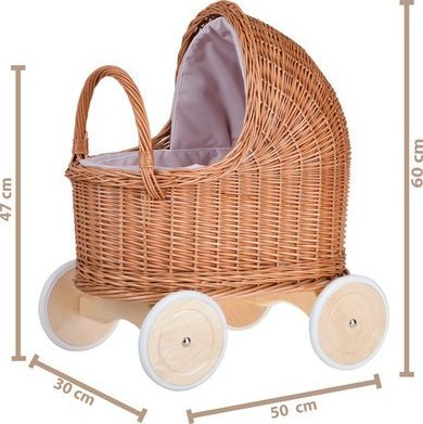 WickerPL LARA XL WÓZEK DLA LALEK Z różową POŚCIELĄ 50X30 H47/60 CM