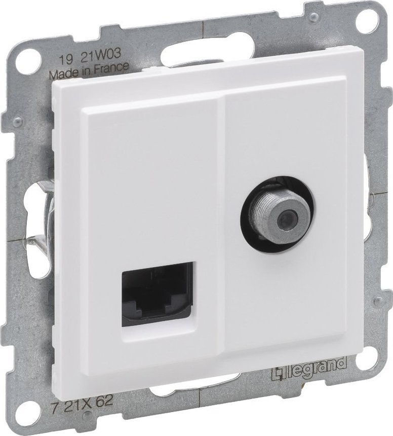 Legrand SUNO Gniazdo telewizyjne typ F 1,5dB + RJ45 kat 6 UTP białe 721162