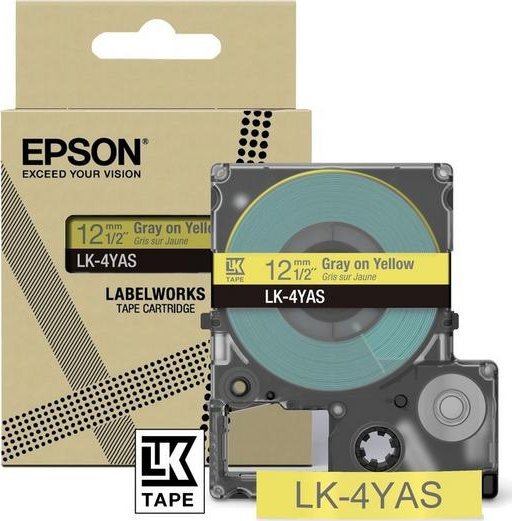 Epson LabelWorks LK-4YAS - Szary na żółtym - Rolle (1,2 cm x 8 m) 1 kaseta(y) pudełko do zawieszenia - taśma kasetowa - do LabelWorks LW-C410, LW-C610