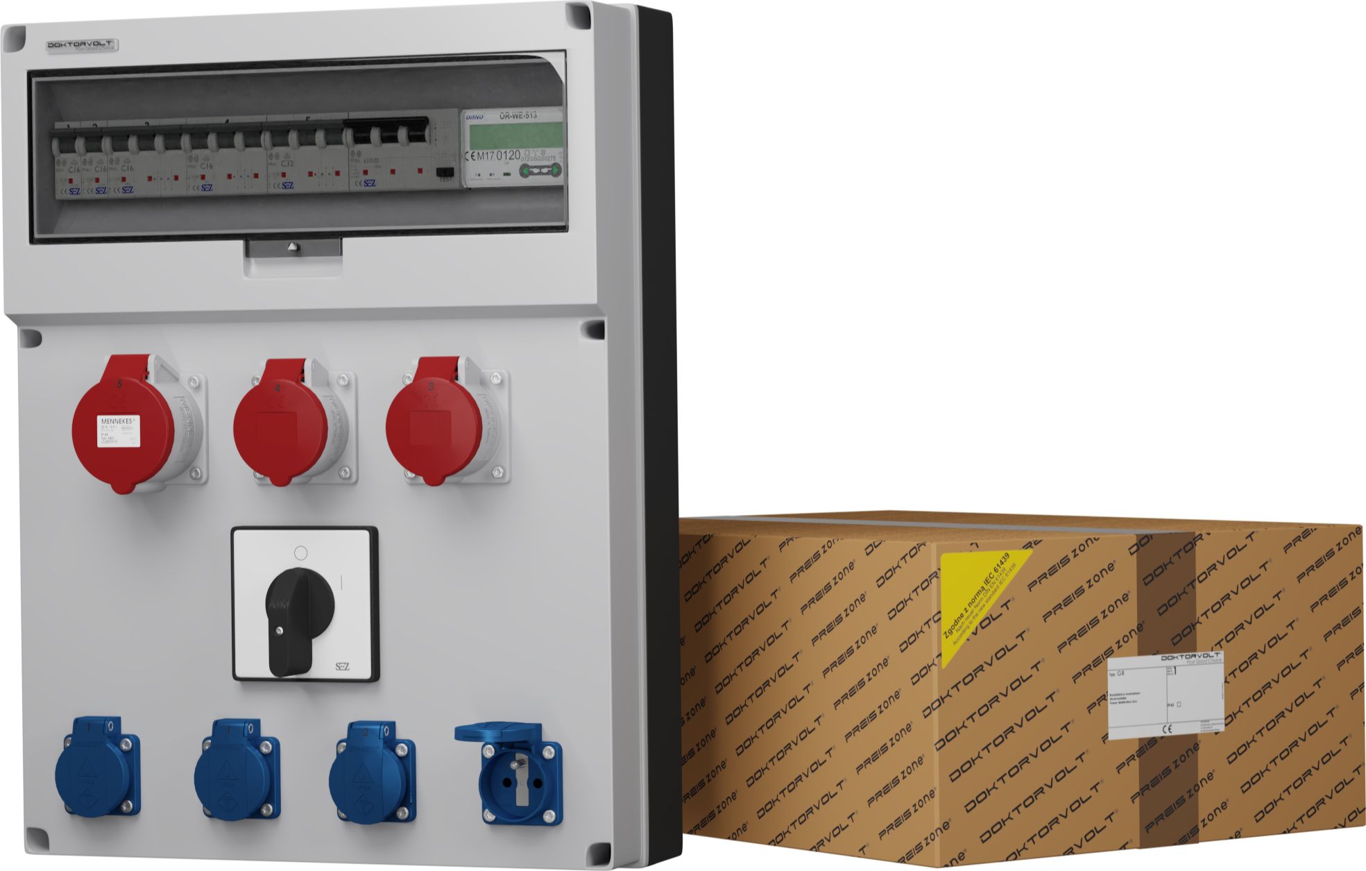 Doktorvolt Rozdzielnica budowlana z licznikiem MID oraz łącznikiem GR-S/FI 32A 2x16A 4x230V Doktorvolt 0465