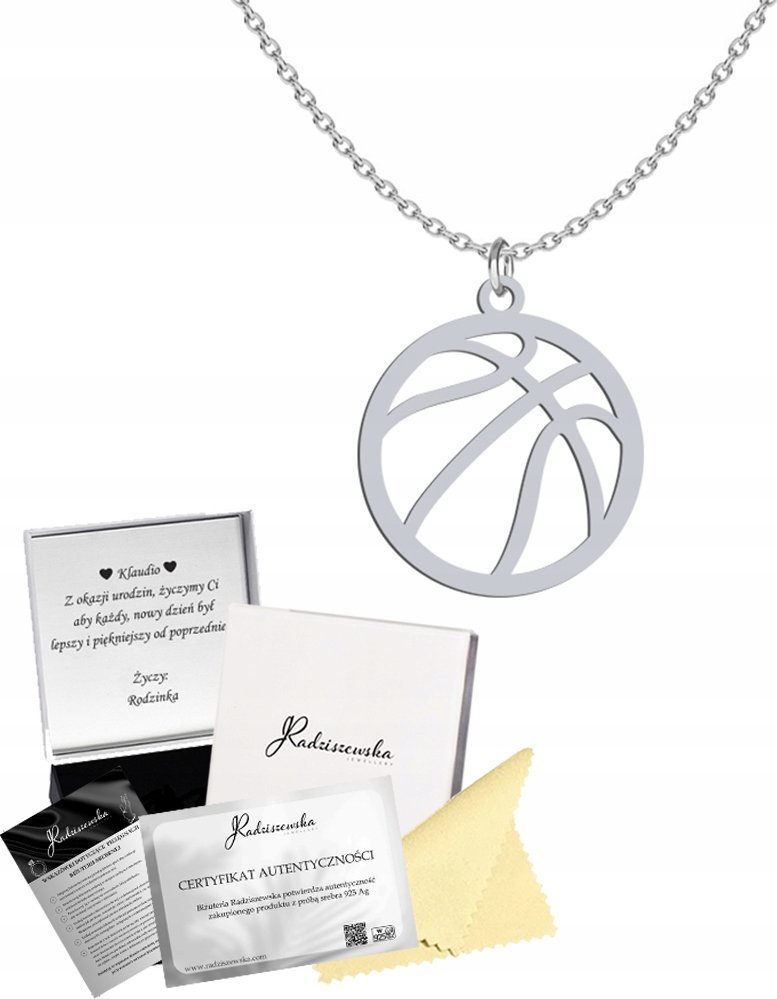Radziszewska Jewellery Naszyjnik Srebrny Piłka do Koszykówki 925 Łańcuszek Prezent DEDYKACJA
