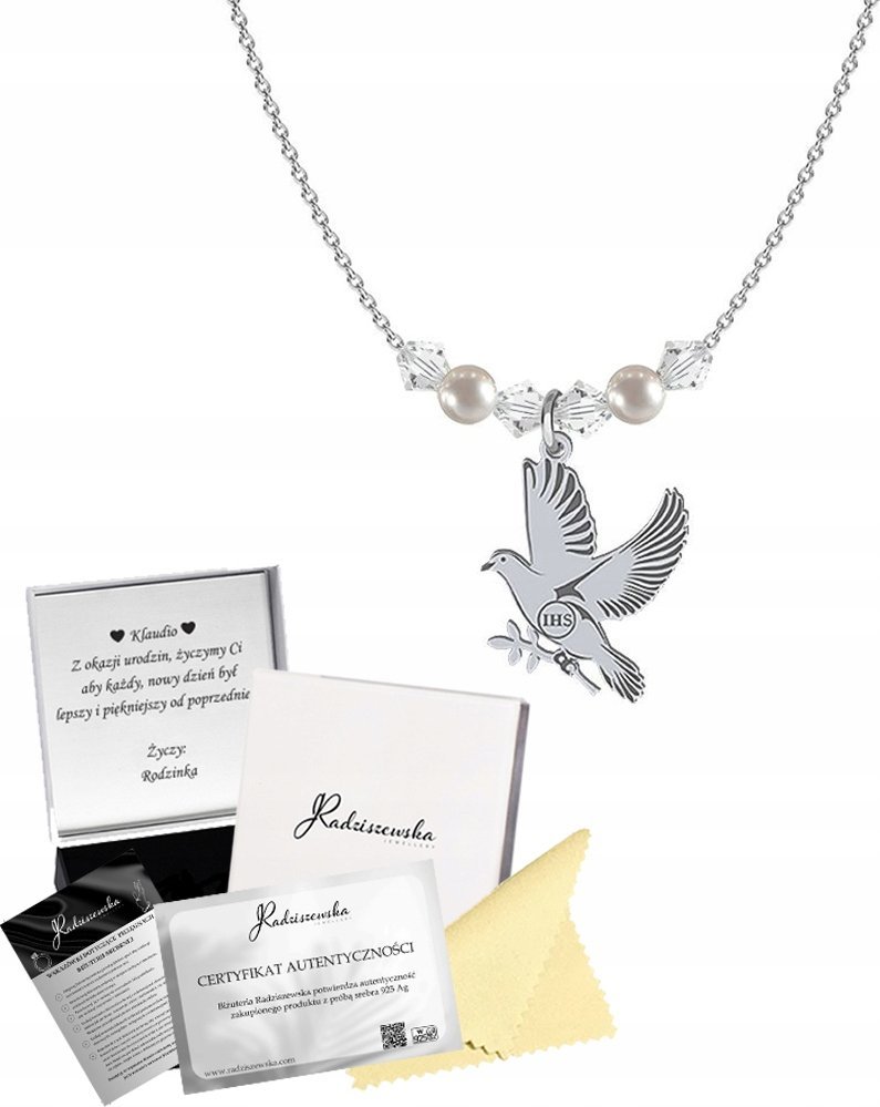 Radziszewska Jewellery Naszyjnik Srebrny na KOMUNIĘ Gołąb IHS Łańcuszek Prezent GRAWER GRATIS