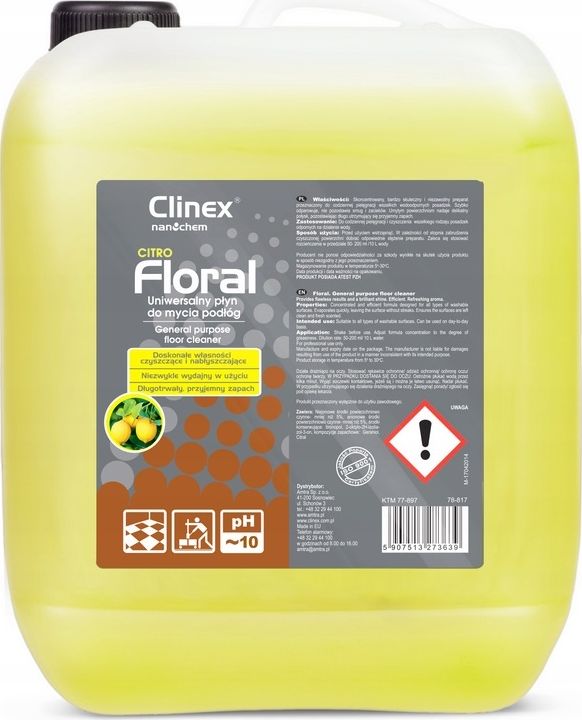 Clinex Płyn do mycia podłóg bez smug połysk zapach CLINEX Floral - Citro 10L Płyn do mycia podłóg bez smug połysk zapach CLINEX Floral - Citro 10L