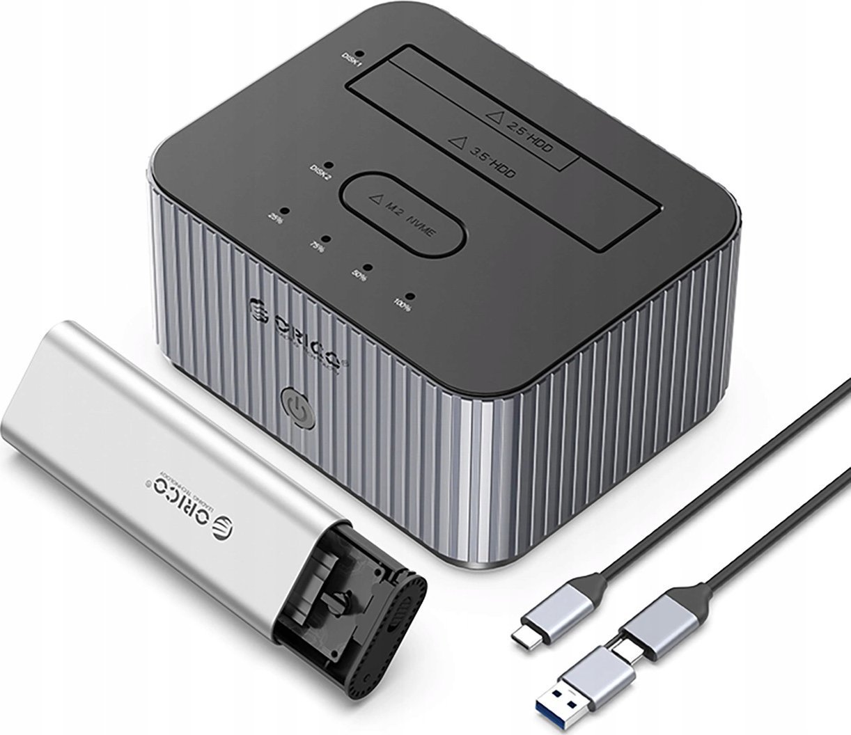 Stacja dokująca do dysków z funkcją klonowania M.2 NVME + 2,5"/3,5 HDD / 2,5" SSD - szara