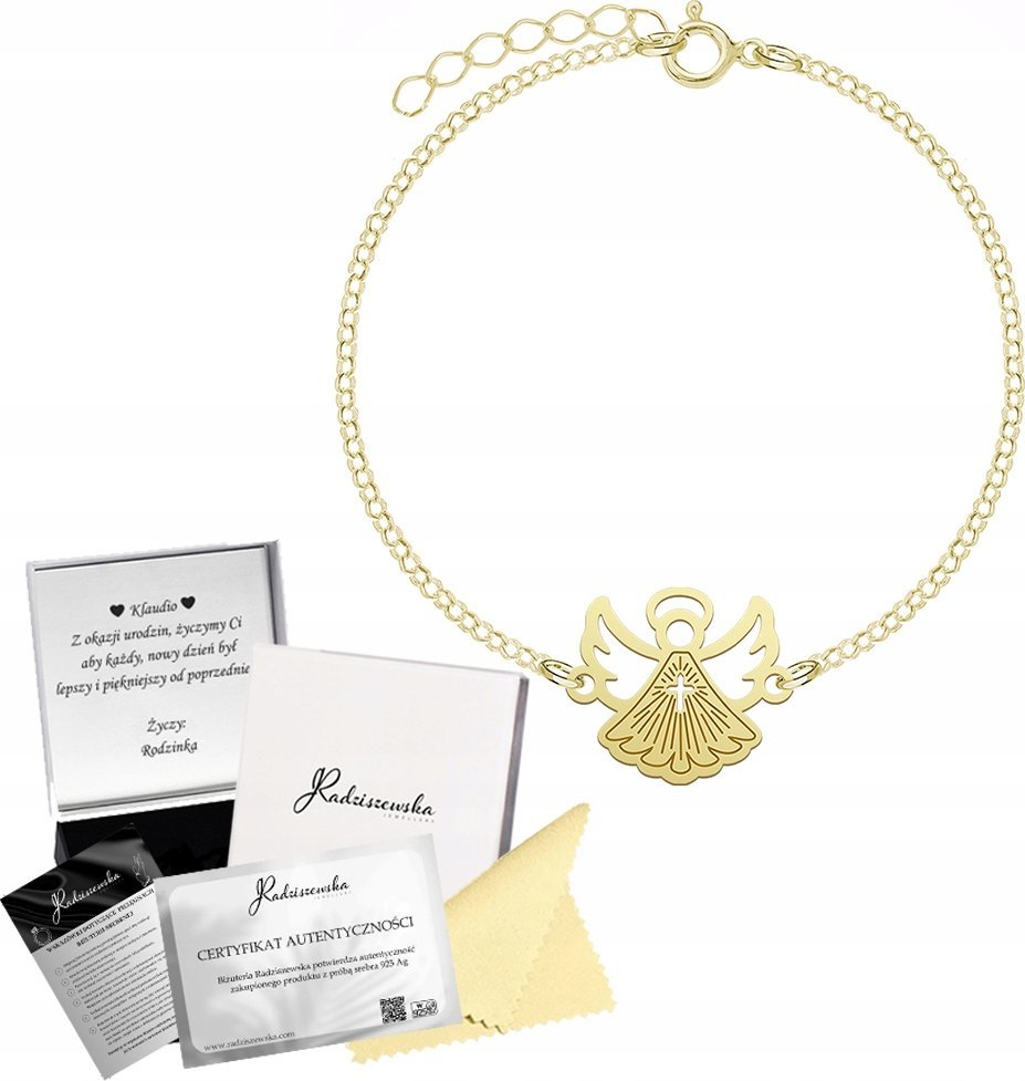 Radziszewska Jewellery Złota Bransoletka na KOMUNIĘ Aniołek Łańcuszek SREBRO 925 GRAWER GRATIS