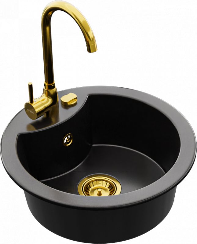 Zlewozmywak Mexen Mexen Diego zlewozmywak granitowy 1-komorowy z baterią kuchenną Telma, czarny - 6512-77-670200-50