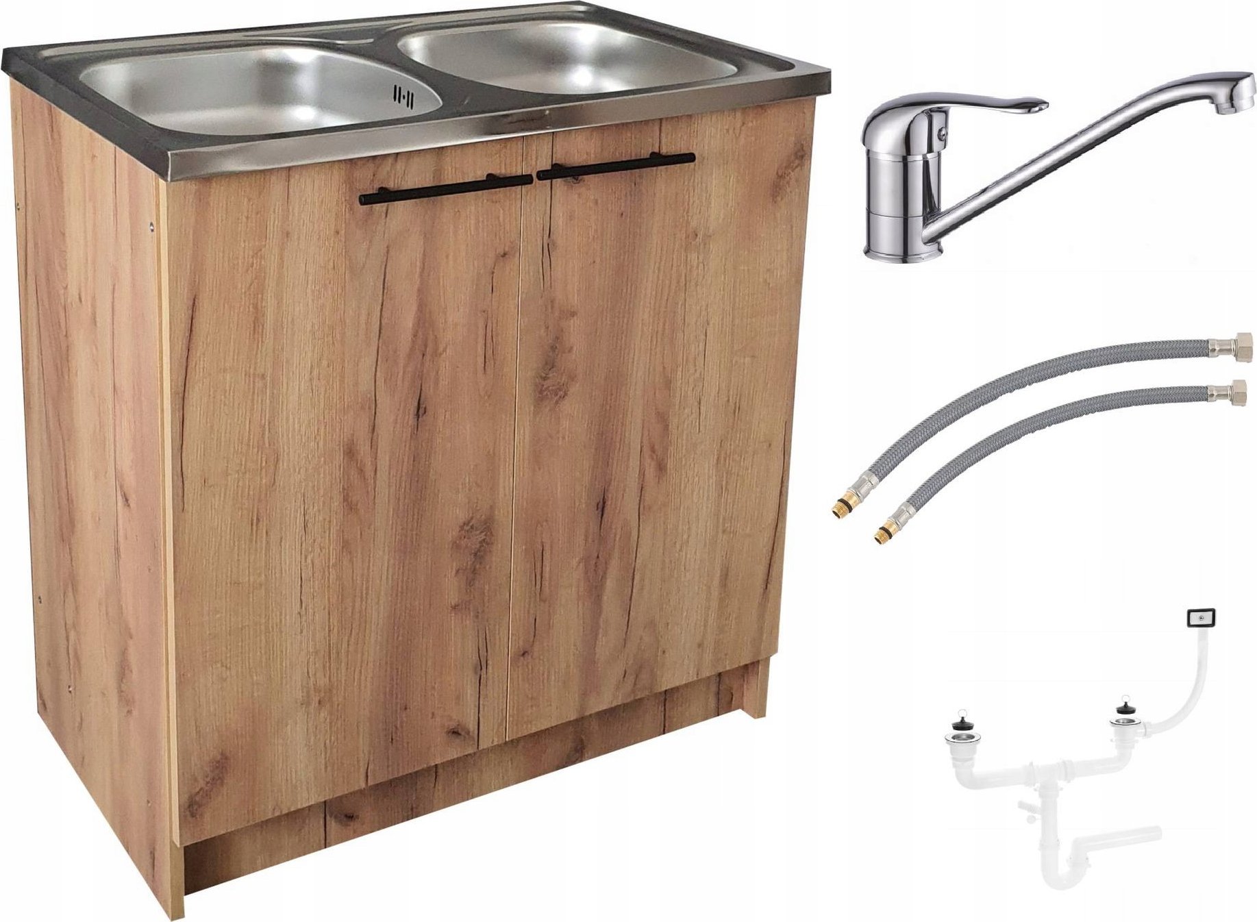 Szafka kuchenna + zlew 80 x50 Dąb złoty 2 komory bateria syfon mocowania