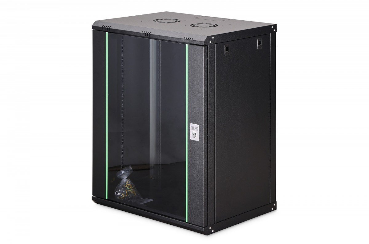 Szafa sieciowa wisząca Dynamic 19 16U rack 600x450, drzwi szyba, czarny, niezłożona, 60kg
