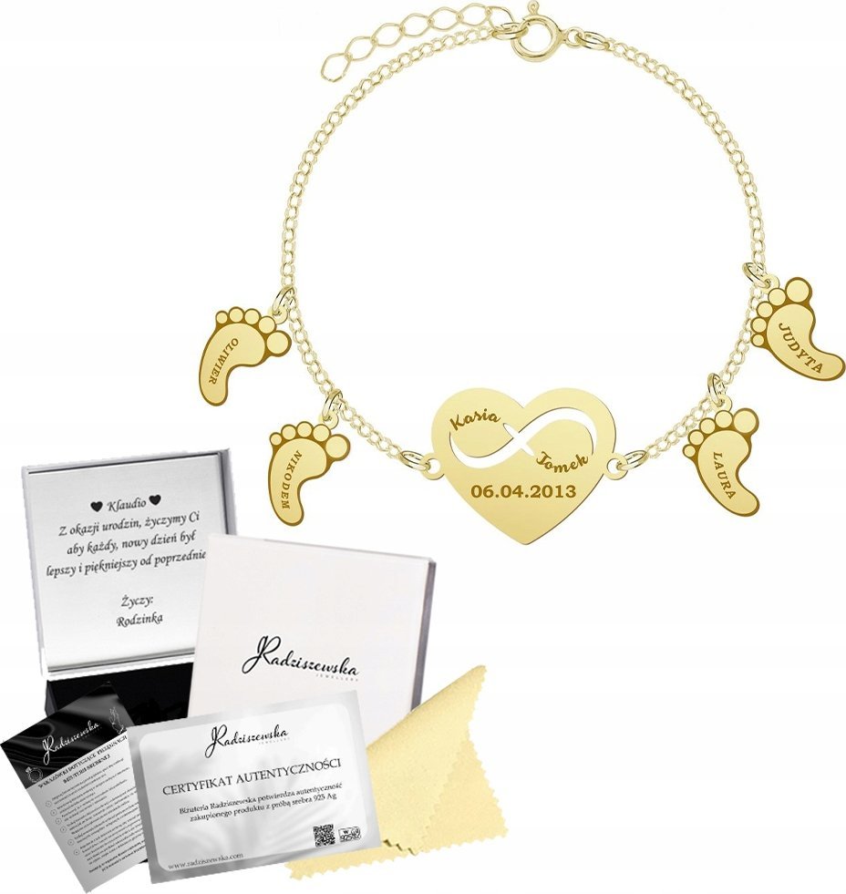 Radziszewska Jewellery Bransoletka Złota z Sercem STÓPKI Imię Dziecka Dzień Mamy SREBRO 925 GRAWER