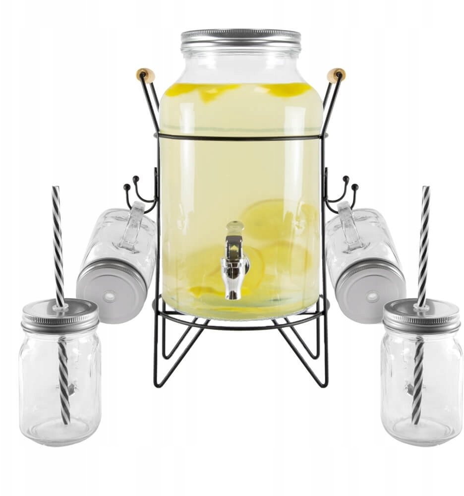 SŁÓJ SZKLANY 6L Z KRANEM + STOJAK 4 KUBKI NA SOK