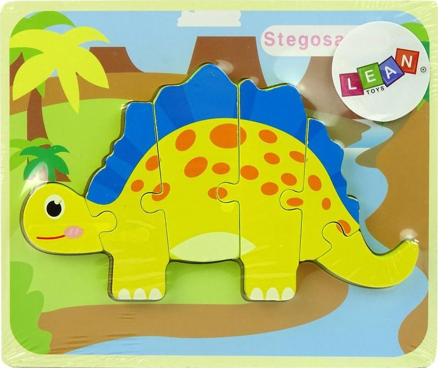 LeanToys Drewniane Puzzle Dinozaur Stegosaurus Żółty