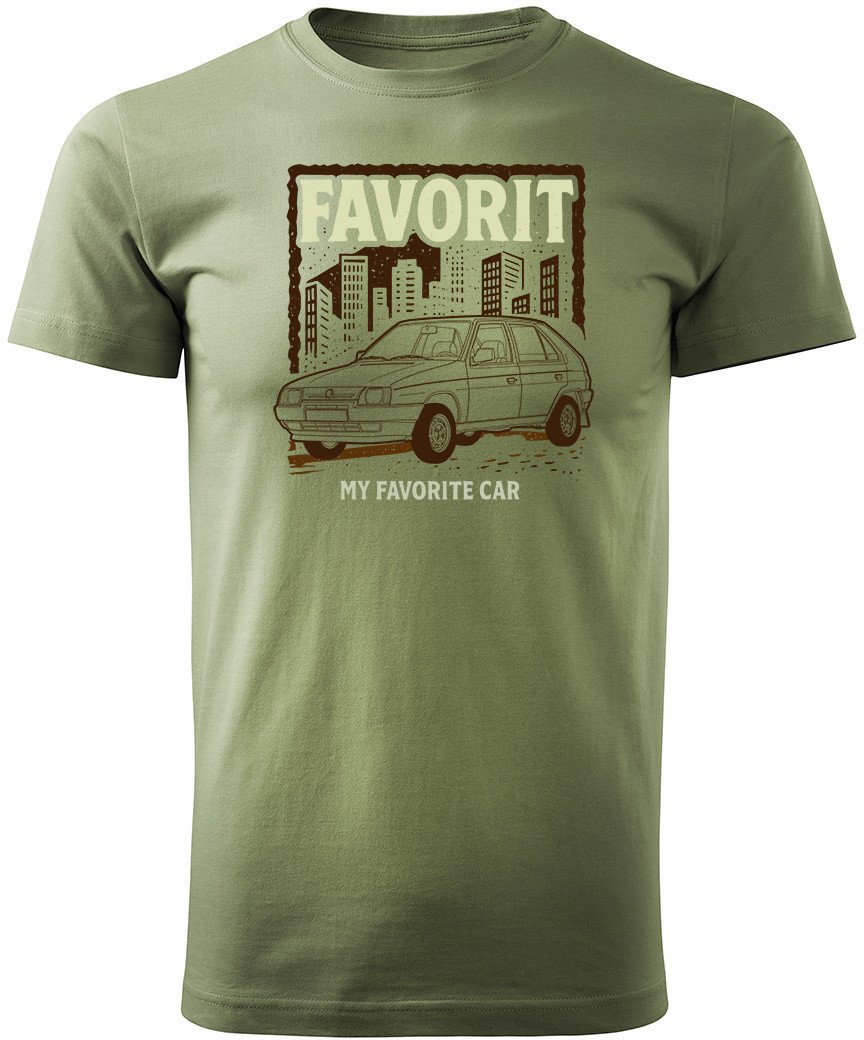 Koszulka z samochodem Skoda ze Skodą Favorit PRL legend męska khaki REGULAR M