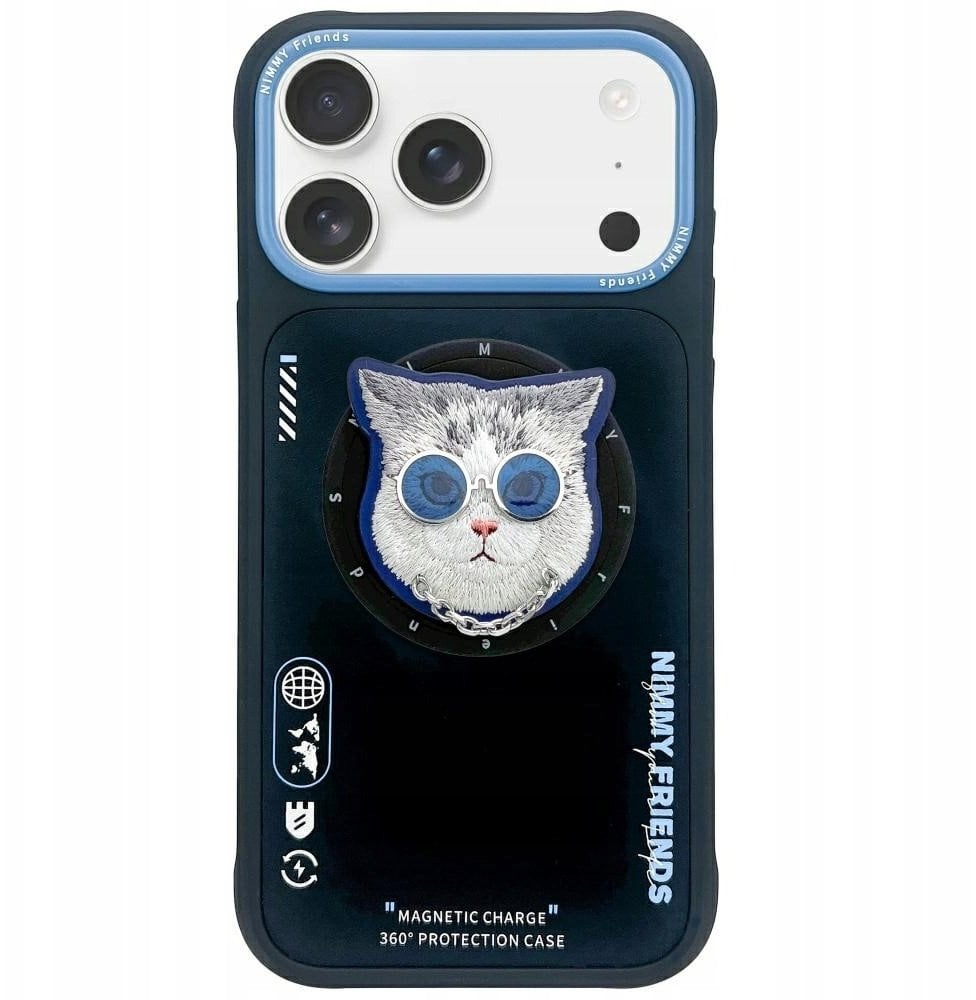 Etui Nimmy Glasses Cool Cat MagSafe do iPhone 17 Pro czarno niebieski