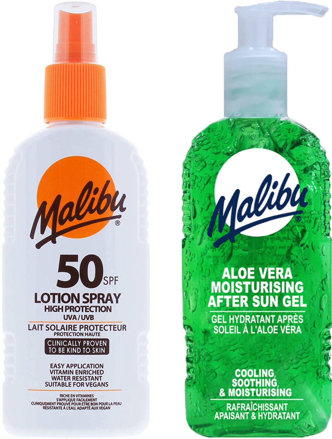 Malibu SPF50 Wodoodporny Spray 200ml + Aloe Żel Po Opalaniu 200ml