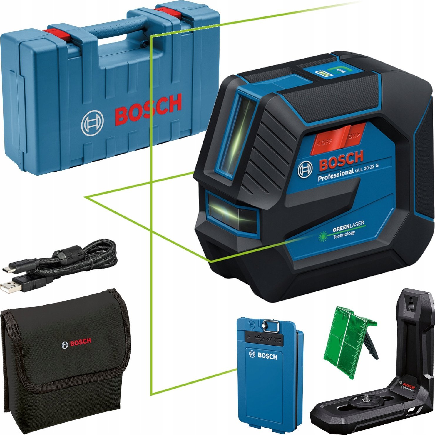 BOSCH.CROSS LASER GLL 20-22 G GREEN USB-C 1x BA 3.7V 3.0Ah XL + HOLDER LB 10 CASE