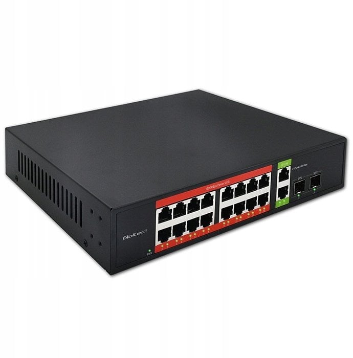 Qoltec Przełącznik sieciowy SWITCH Gigabit Ethernet PoE | 16x RJ45 | 2x RJ45 Uplink | 2x SFP | 1000Mb/s