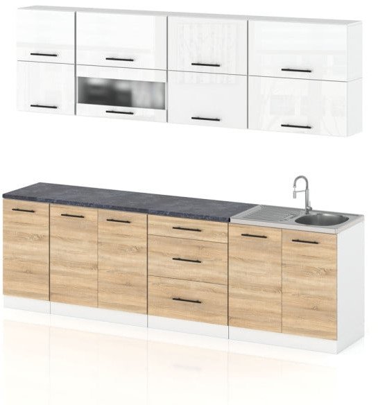 Meble Kuchenne Komplet Kuchnia Robo Lux 2.6m Zestaw Biały Połysk Dąb Sonoma