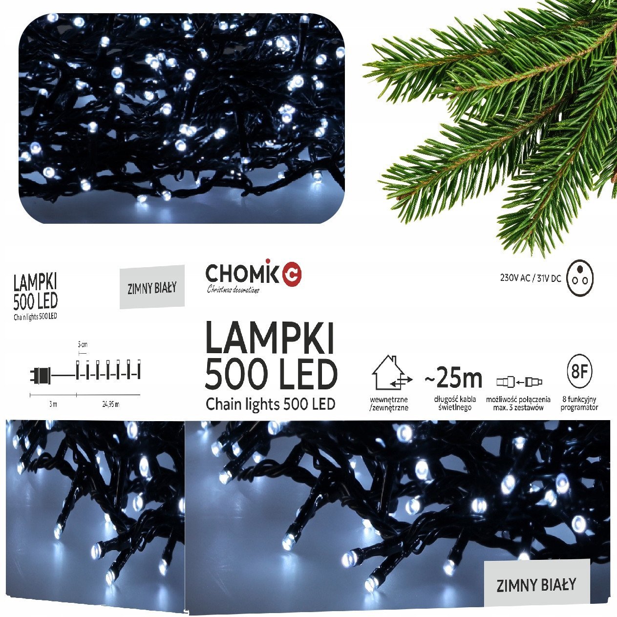 Extralink | Lampki LED | 500L zimny biały, dł. 3 + 25 m wewn/zewn