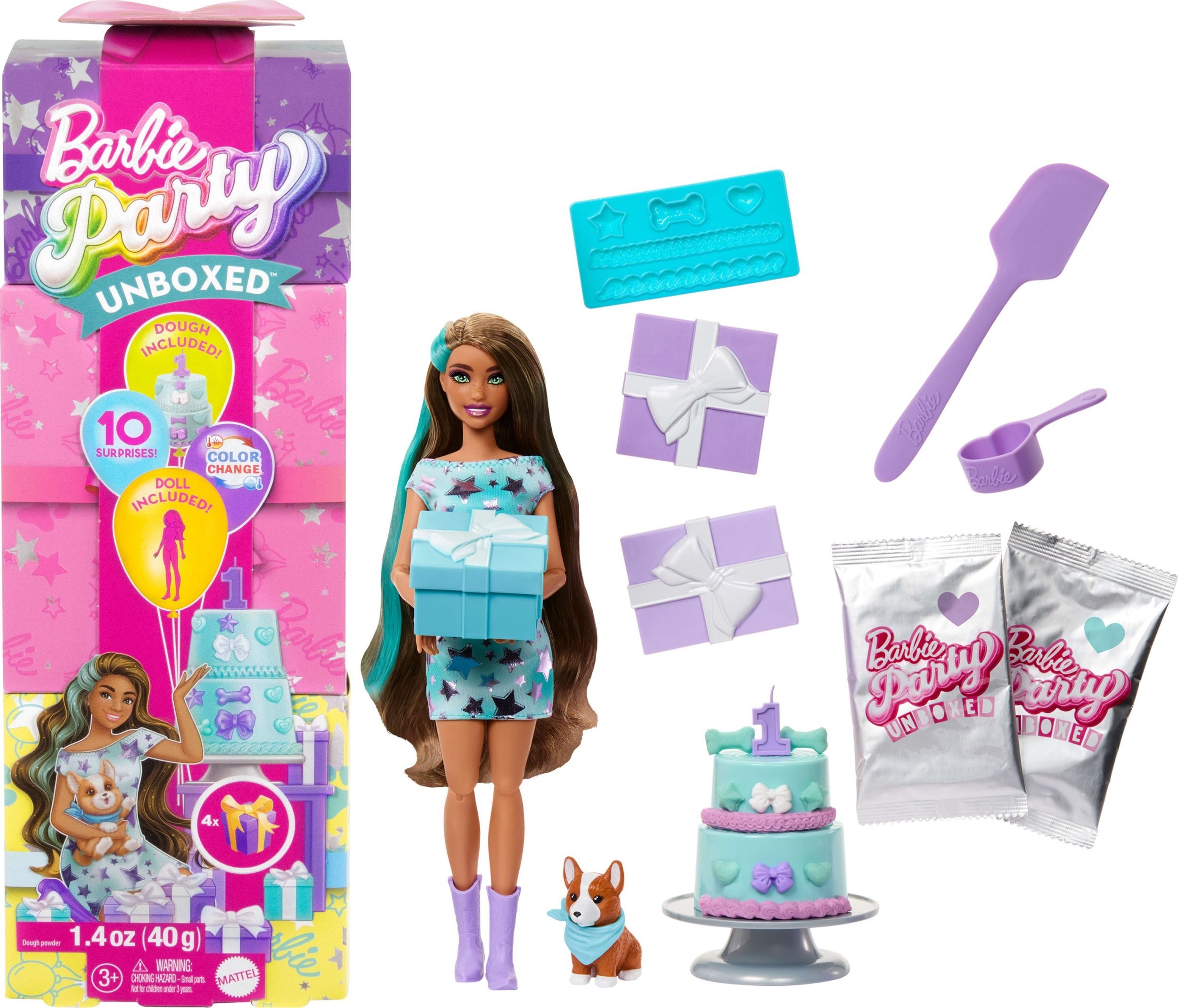 „Barbie Party Unboxed Reveal“ siurprizų rinkinys - tamsiaplaukė lėlė