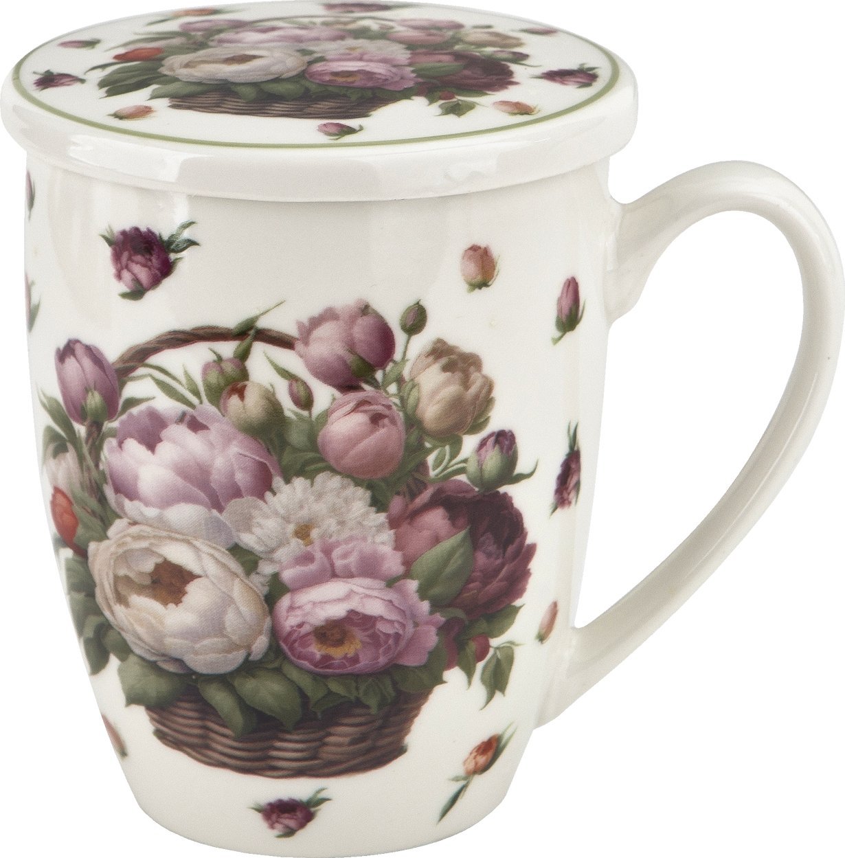 Kubek porcelanowy 360 ml z zaparzaczem Kwiaty Piwonie
