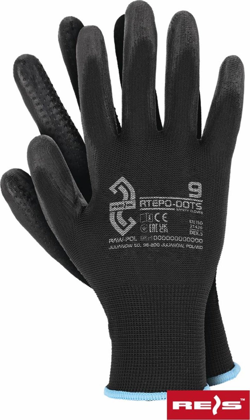 R.E.I.S. RTEPO-DOTS - Rękawice ochronne dzianina: 100% poliester (ścieg 13) powlekane poliuretan nakropienie z PCV ściągacz 7