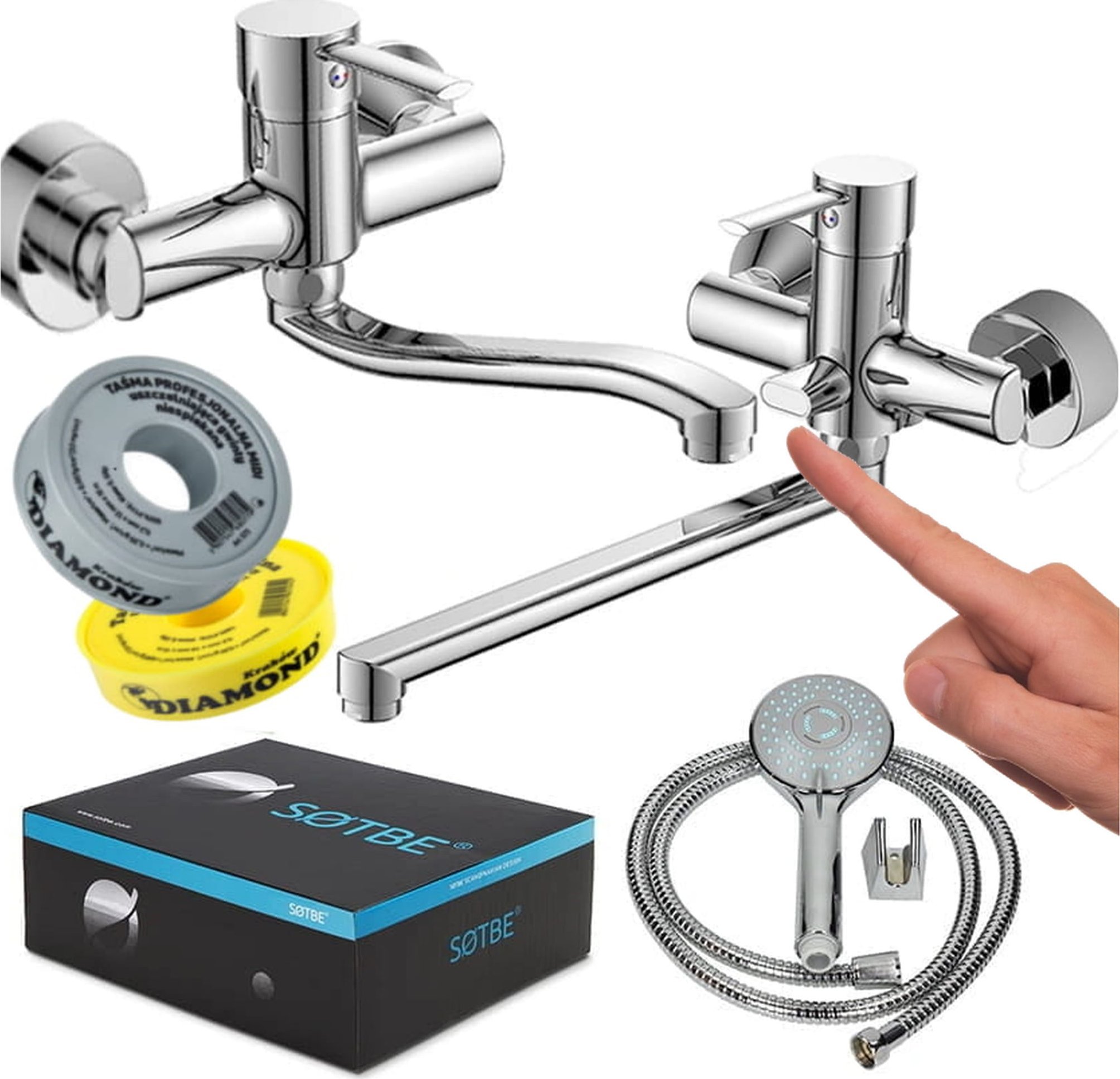 Bateria umywalkowa Sotbe SOTBE UNICORN bateria wannowa z długą wylewką + bateria umywalkowa ścienna