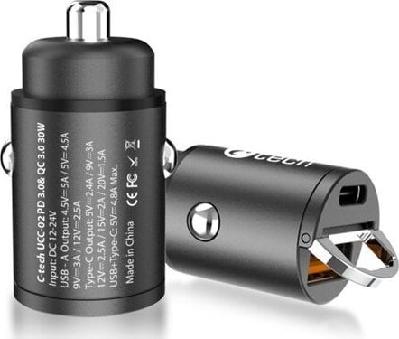 Ładowarka C-Tech ładowarka USB do auta UCC-02, 1x Type C + 1 x Type A, 30W