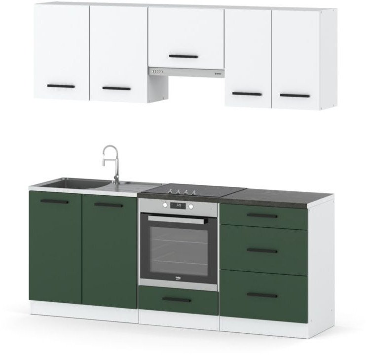 Zestaw Kuchenny Modułowy Z Blatem Mały 2.0m Biały Biały Butelkowa Zieleń