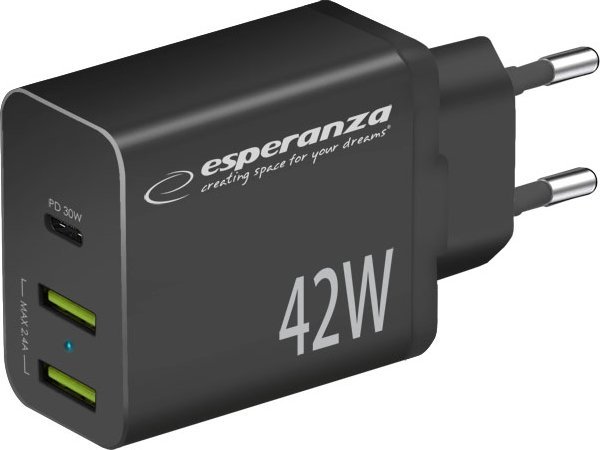 Ładowarka Esperanza EZC106K Esperanza ładowarka sieciowa 42w usb-c pd 30w / 2x usb-a 12w