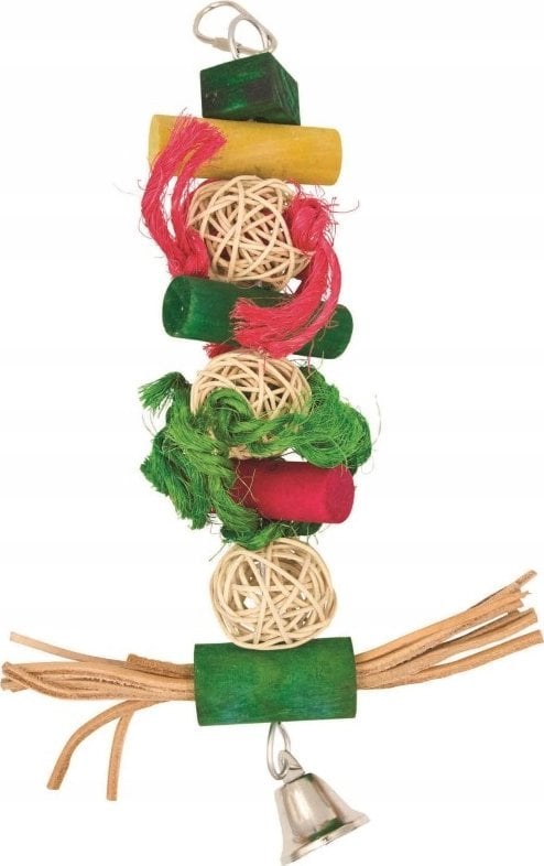 Panama Pet Panama Pet wisząca zabawka z kolorowymi kulkami wiklinowymi, drewnianymi klockami, skórzanymi paskami i dzwonkiem 28 cm