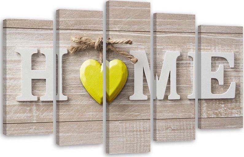 Feeby Obraz 5 częściowy na płótnie, Napis Home z żółtym sercem na jasnych deskach - 100x70