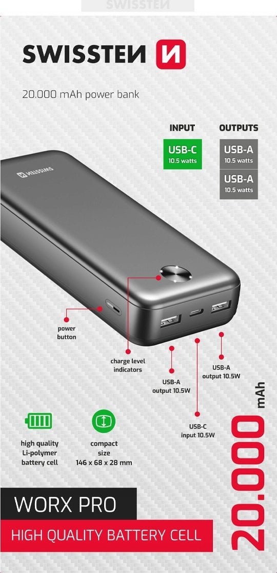 SWISSTEN, Powerbank, WORX PRO, Li-Pol, 5/9/12V, do �adowania telefon�w i innych urz�dze�, 22013961, 20000mAh, czarna