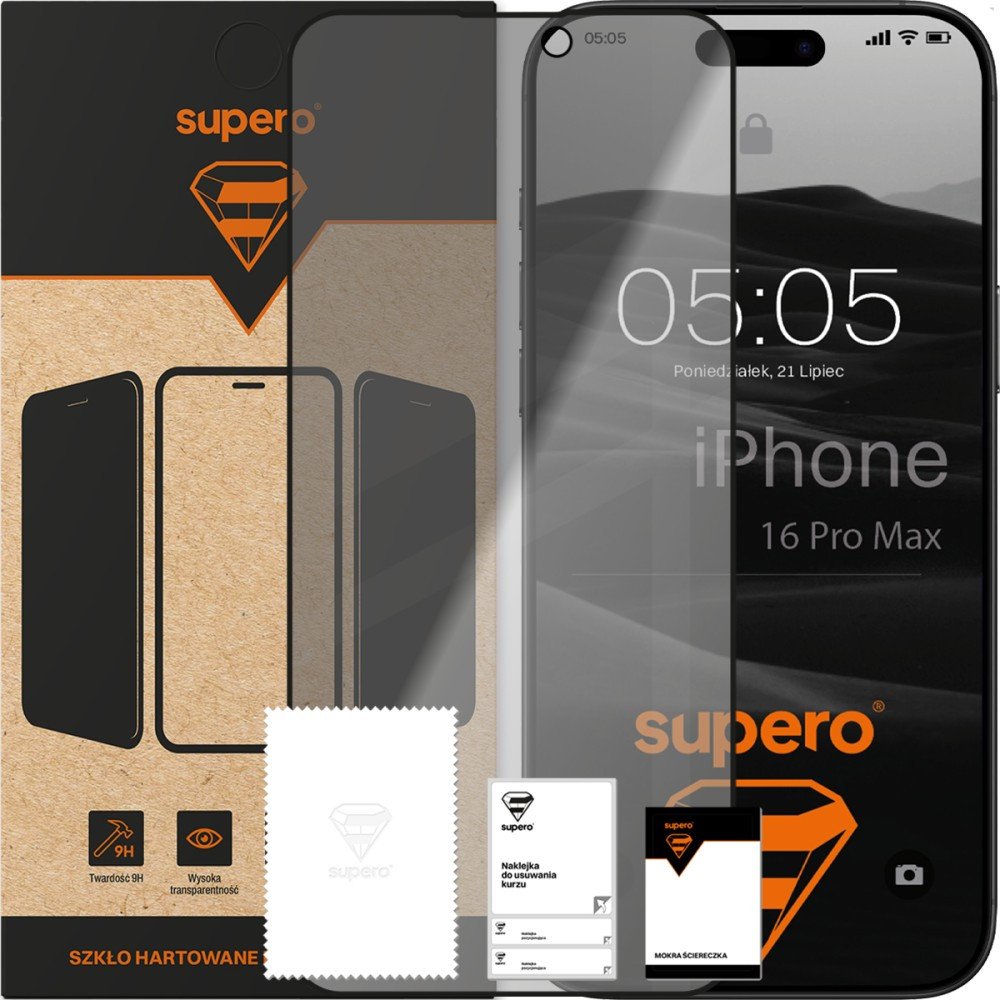 Szkło hartowane do iPhone 16 Pro Max, prywatyzujące Supero, z czarną ramką